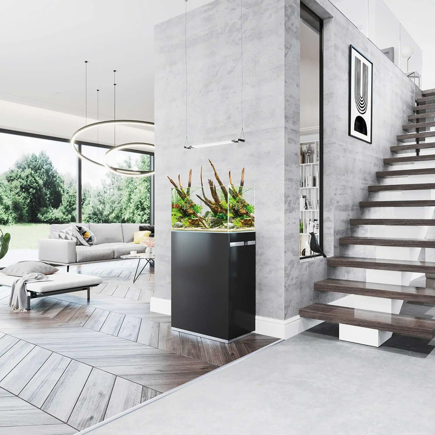 Ein modernes, rechteckiges Aquarium mit einem schwarzen Ständer, ausgestattet mit Wasserpflanzen und Treibholz.