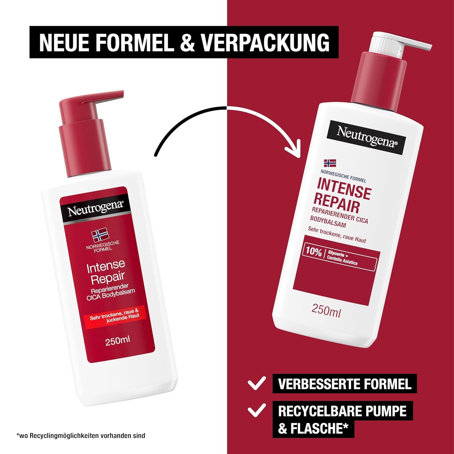 Neutrogena Norwegische Formel Intense Repair Reparierender CICA Bodybalsam 250 Ml Körperlotion Für Eine Sofortige Linderung Und Mehr Feuchtigkeit Bei Sehr Trockener, Rauer Haut