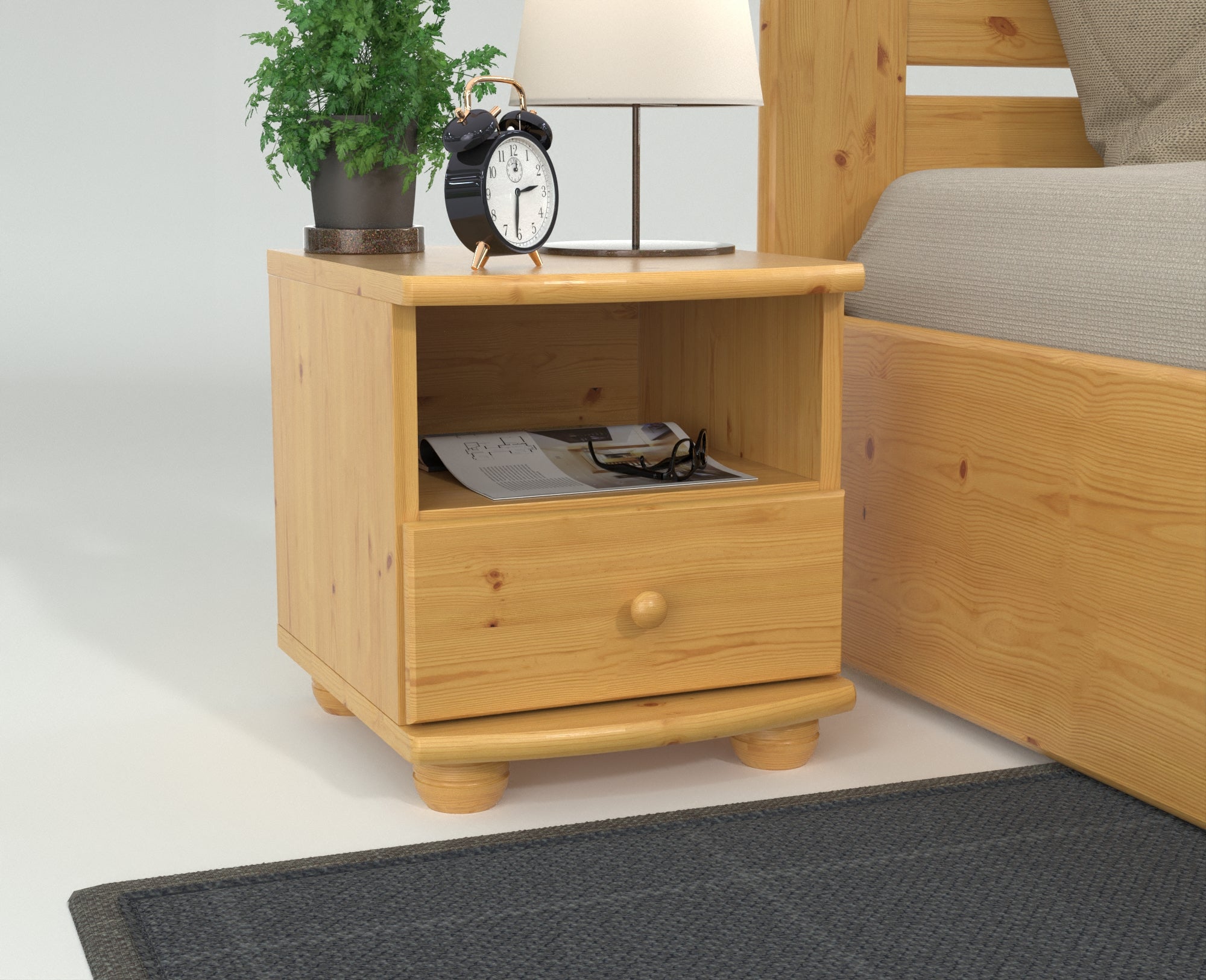 Claudia Kiefer Massivholz Nachttisch Nachtschrank | 1-Schublade und 1 Regal | 100% Bio Kiefer