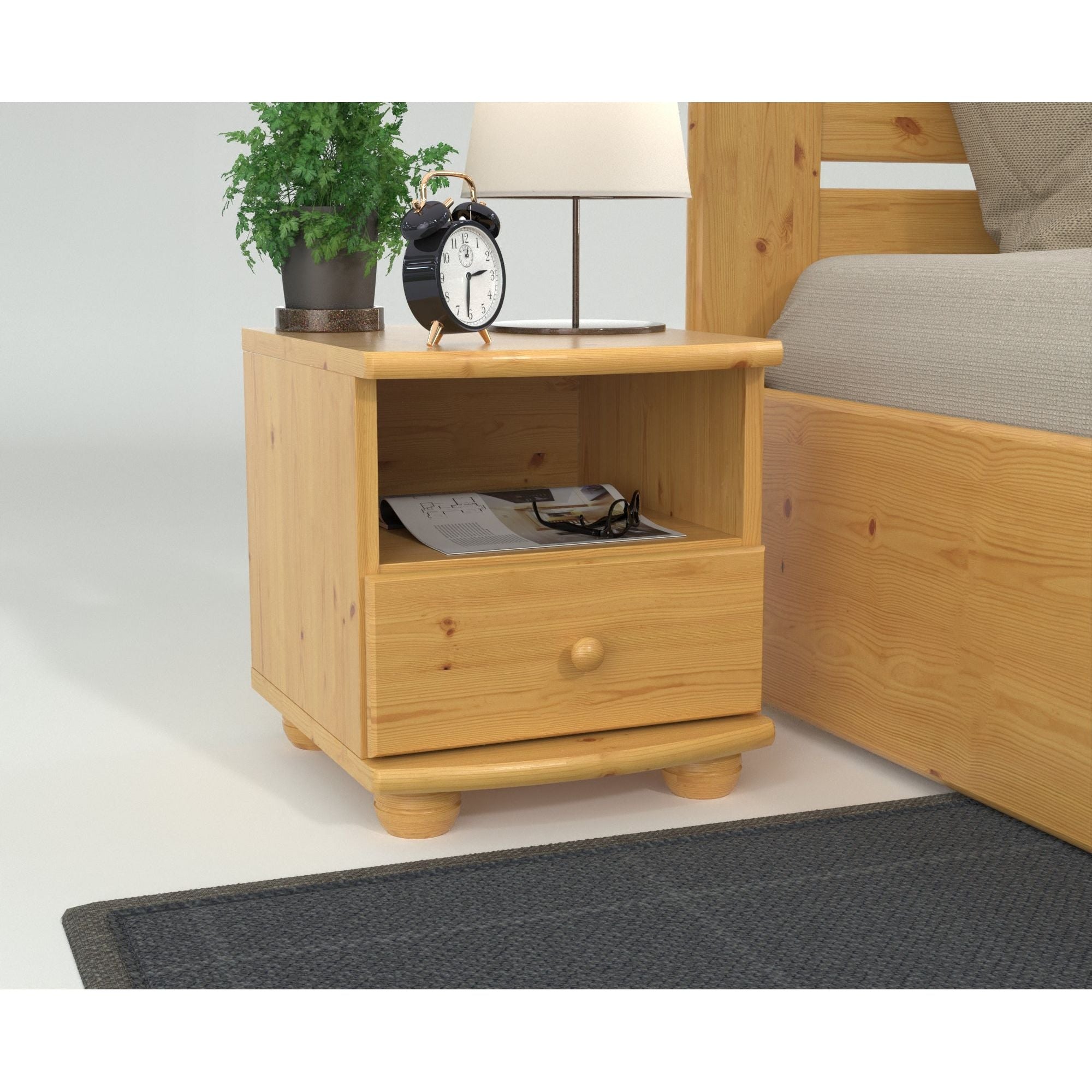 Claudia Kiefer Massivholz Nachttisch Nachtschrank | 1-Schublade und 1 Regal | 100% Bio Kiefer