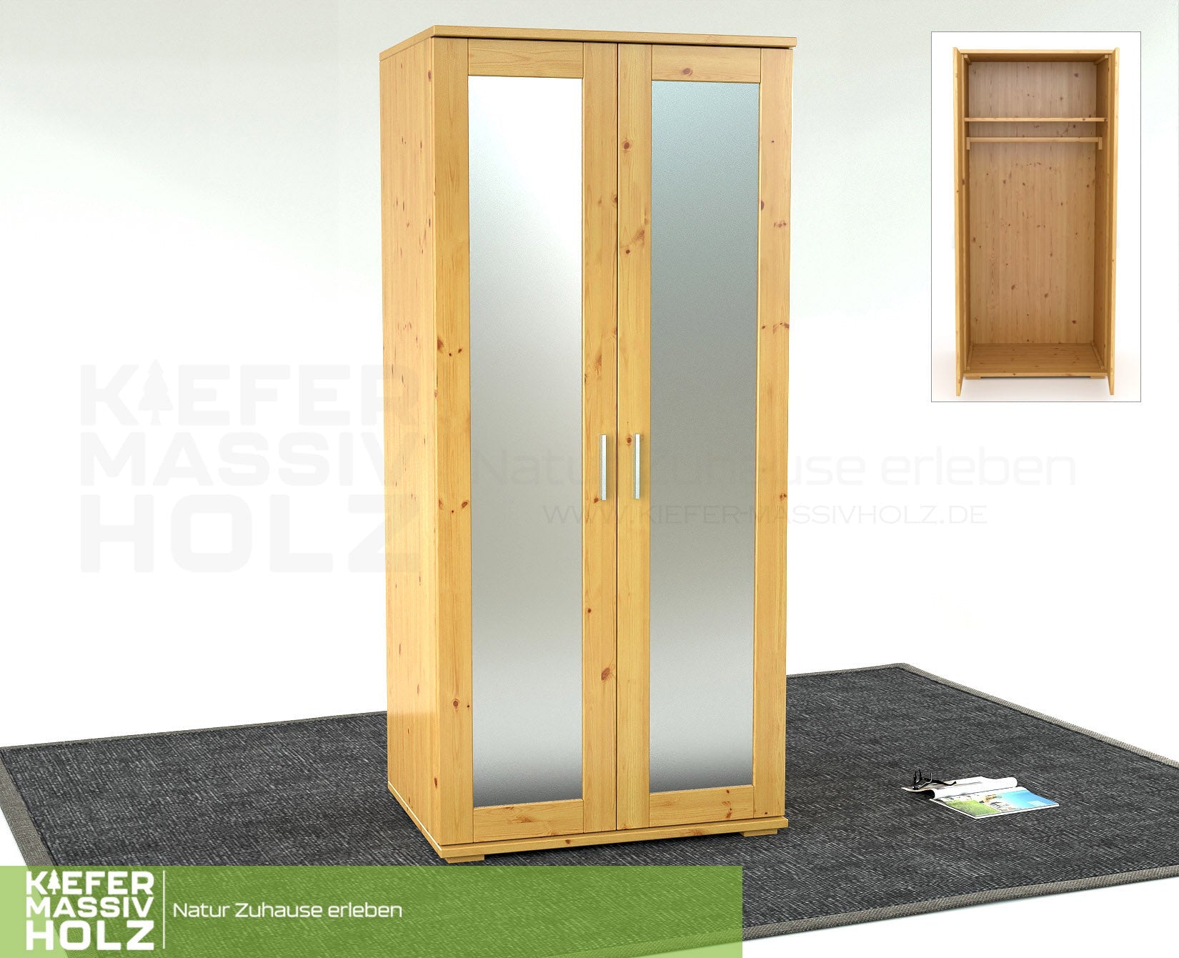 Nobis Spiegeltürenschrank | Kleiderschrank | mit Kleiderstange | 100% Bio Kiefer Massivholz