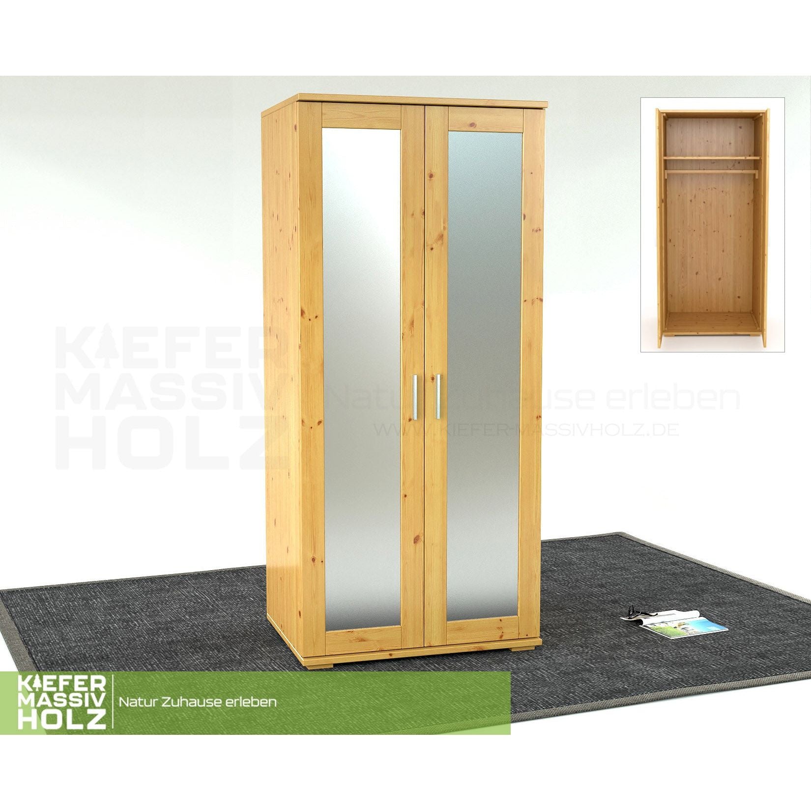 Nobis Spiegeltürenschrank | Kleiderschrank | mit Kleiderstange | 100% Bio Kiefer Massivholz