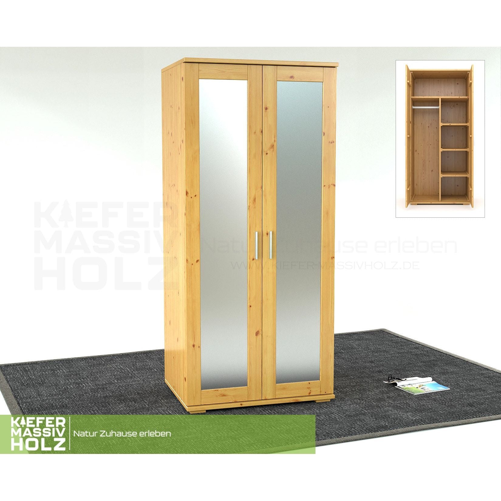 Nobis Spiegeltürenschrank | Kleiderschrank | Regale und Kleiderstange | 100% Bio Kiefer Massivholz