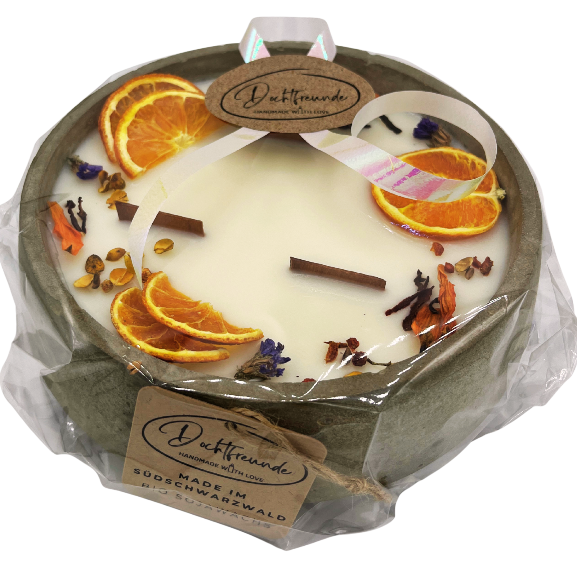 Große Outdoor Citronella-Betonkerze „Big Grey - Mugge Schreck“ – Mit drei Holdochten - Handgemachter Insektenschutz aus dem Südschwarzwald mit Blütenverzierung