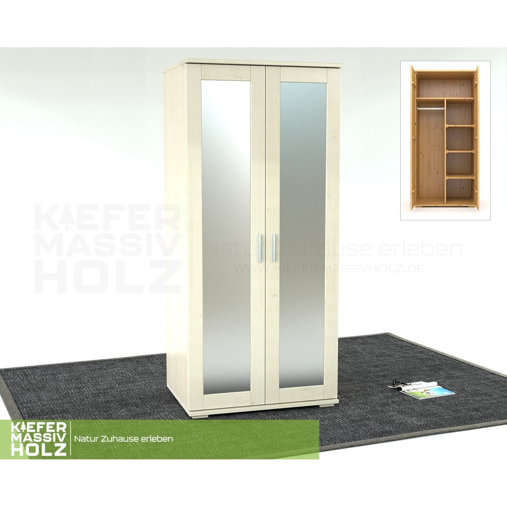 Nobis Spiegeltürenschrank | Kleiderschrank | Regale und Kleiderstange | 100% Bio Kiefer Massivholz