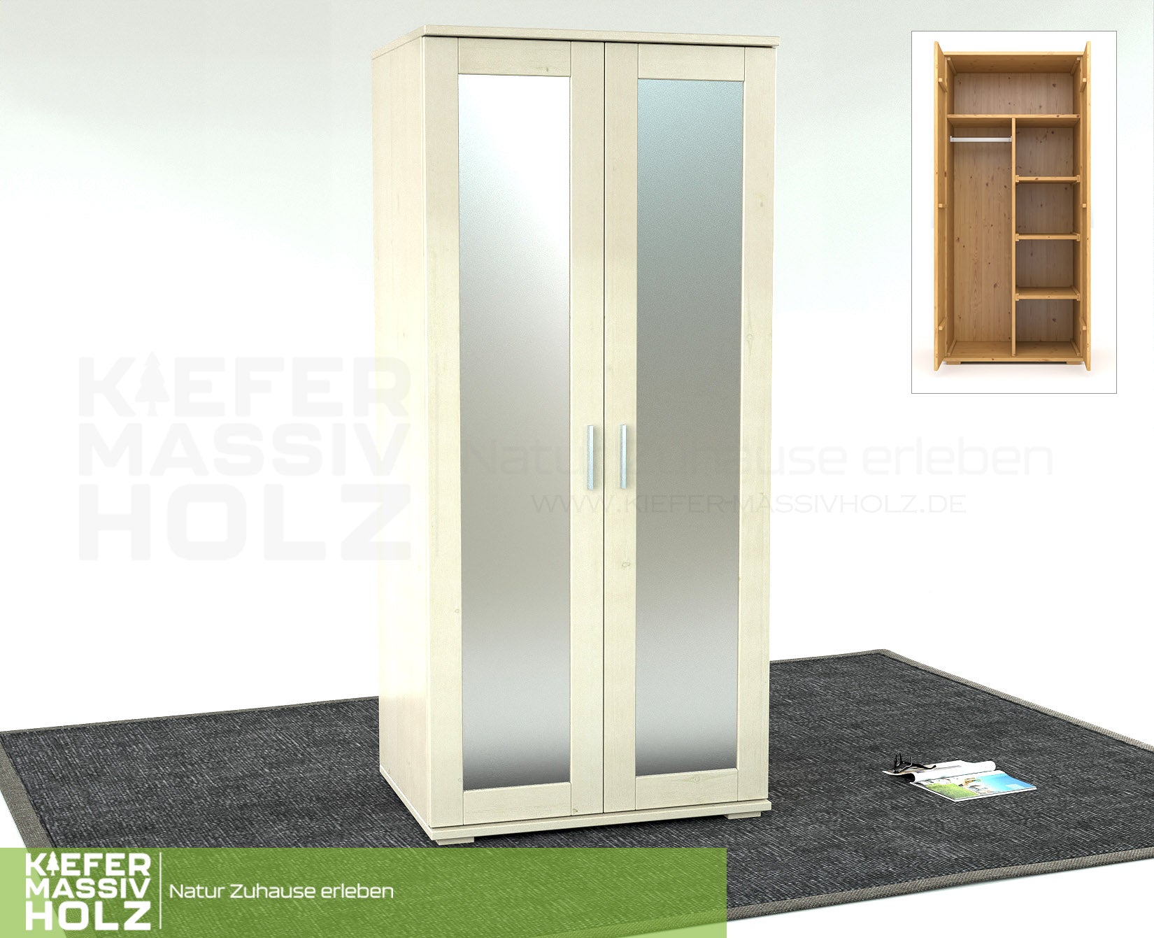 Nobis Spiegeltürenschrank | Kleiderschrank | Regale und Kleiderstange | 100% Bio Kiefer Massivholz