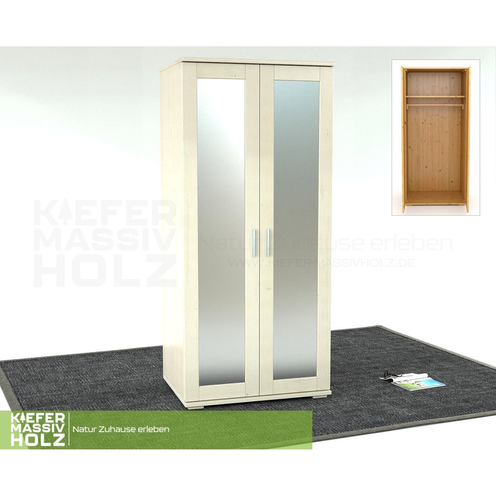 Nobis Spiegeltürenschrank | Kleiderschrank | mit Kleiderstange | 100% Bio Kiefer Massivholz