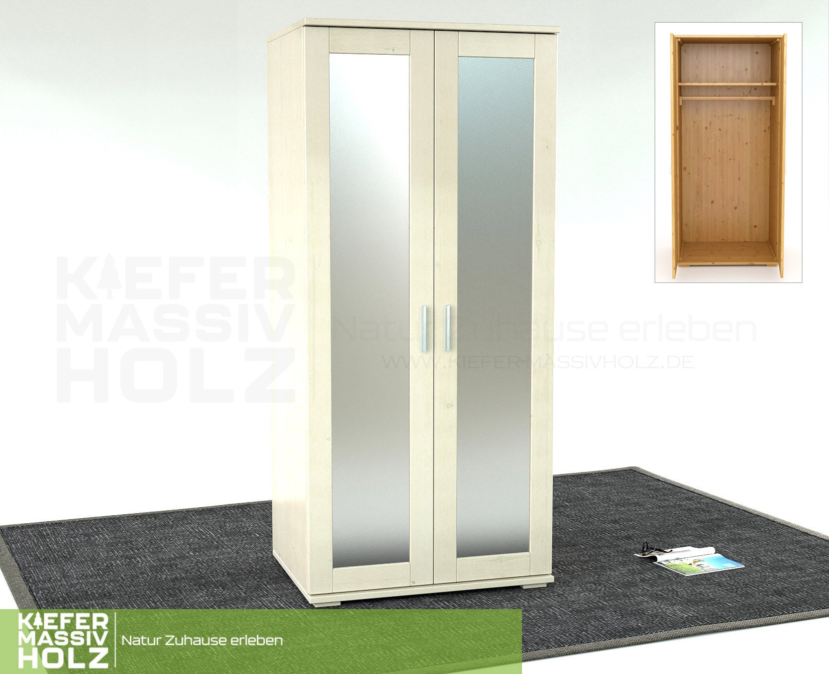 Nobis Spiegeltürenschrank | Kleiderschrank | mit Kleiderstange | 100% Bio Kiefer Massivholz