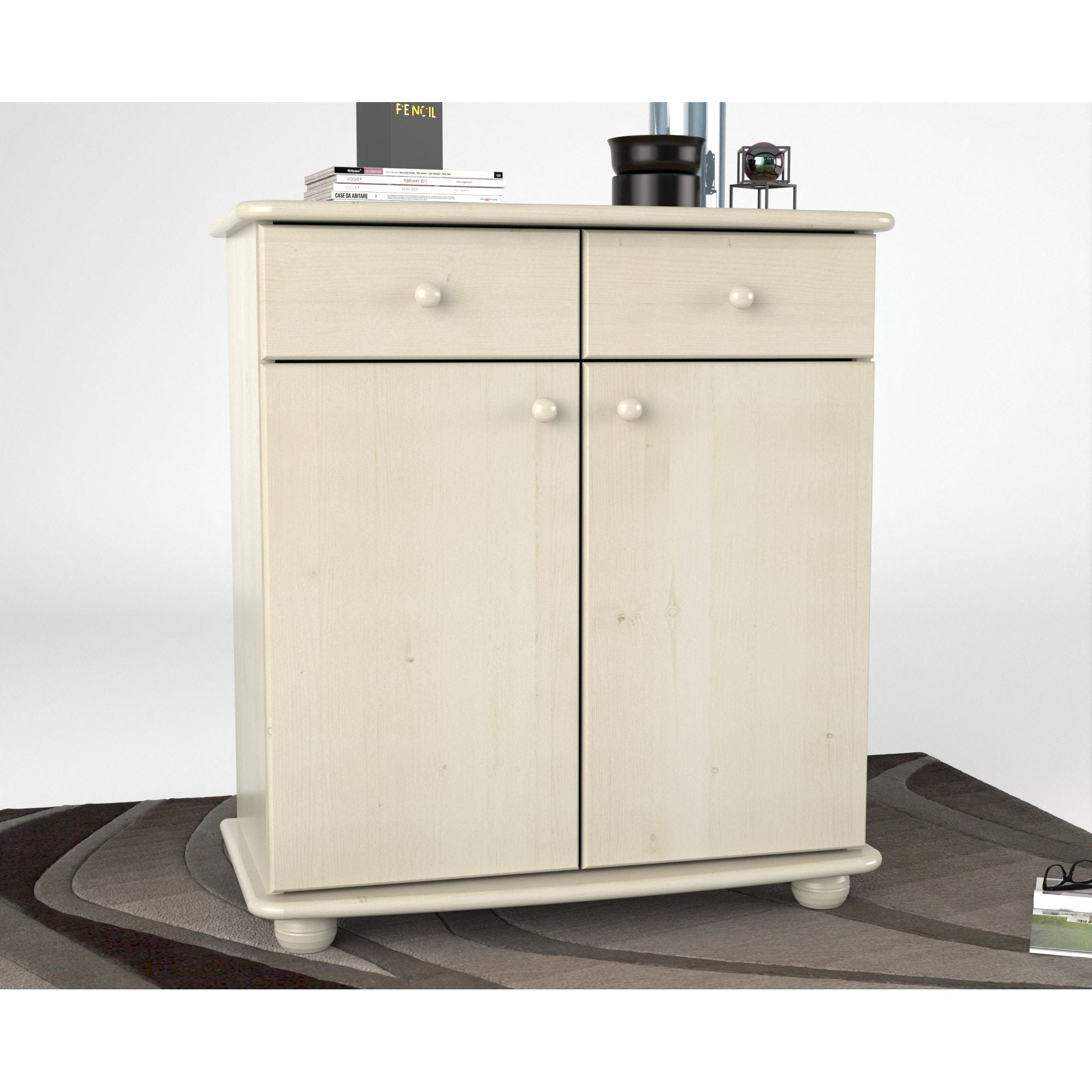 Anika Kommode Sideboard | Anrichte | 2-Schubladen 2-Türig 2-Regalfächer | 100% Bio Kiefer Massivholz