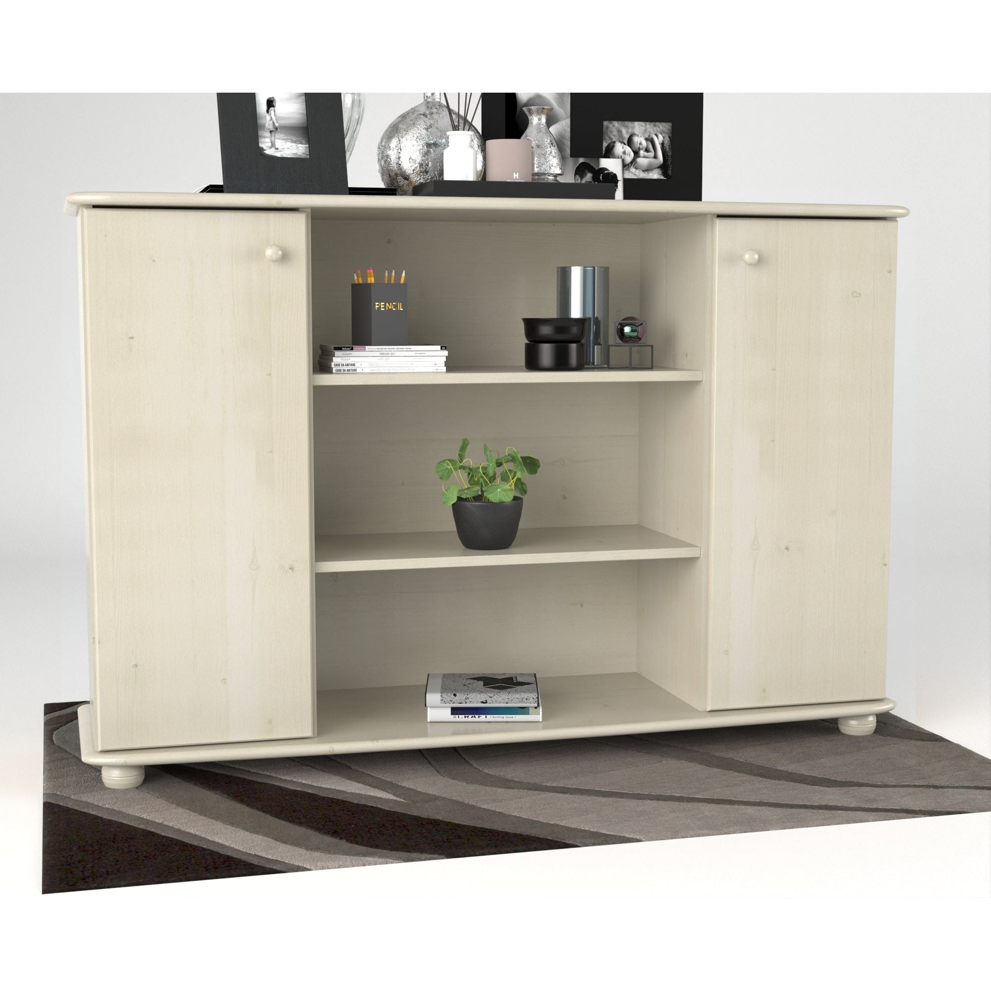 Anika Kommode | Sideboard | Anrichte | 2-Türig | Mitte offene Regale | 100% Bio Kiefer Massivholz