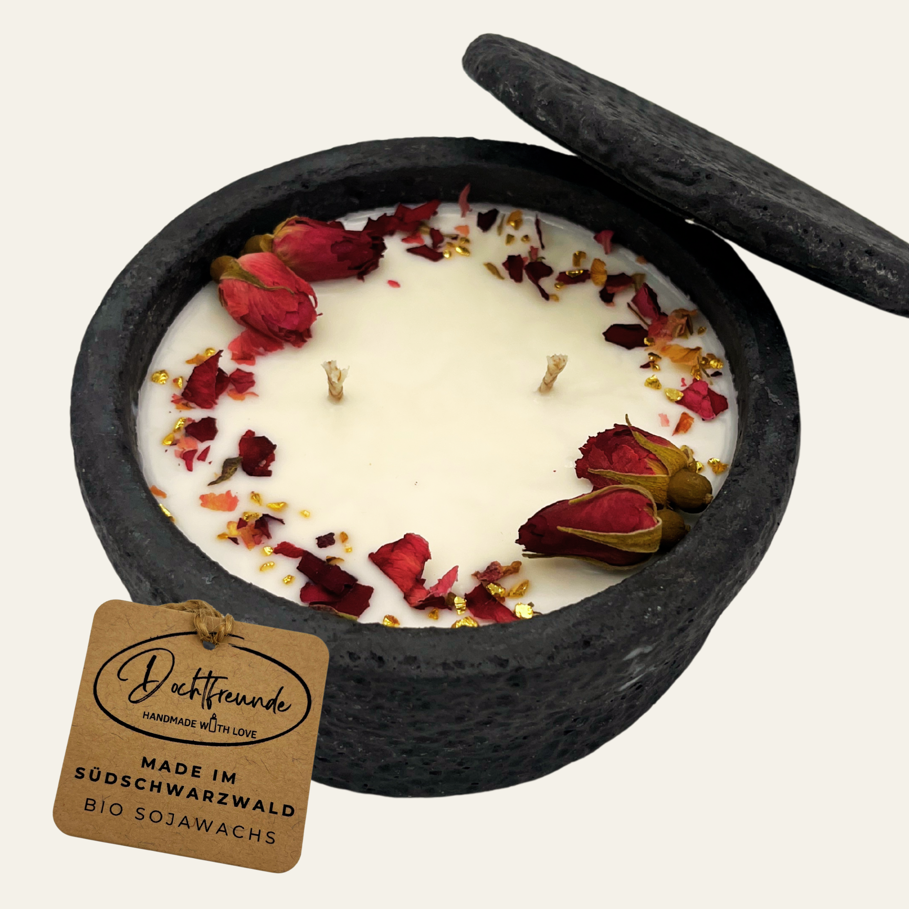 Handgemachte Betonkerze „Black Roses“ Aromakerze- Stilvolle Sojawachskerze für Ihr Zuhause. Mit Blütenverzierung und HOCHWERTIGEM Baumwolldocht aus dem Südschwarzwald