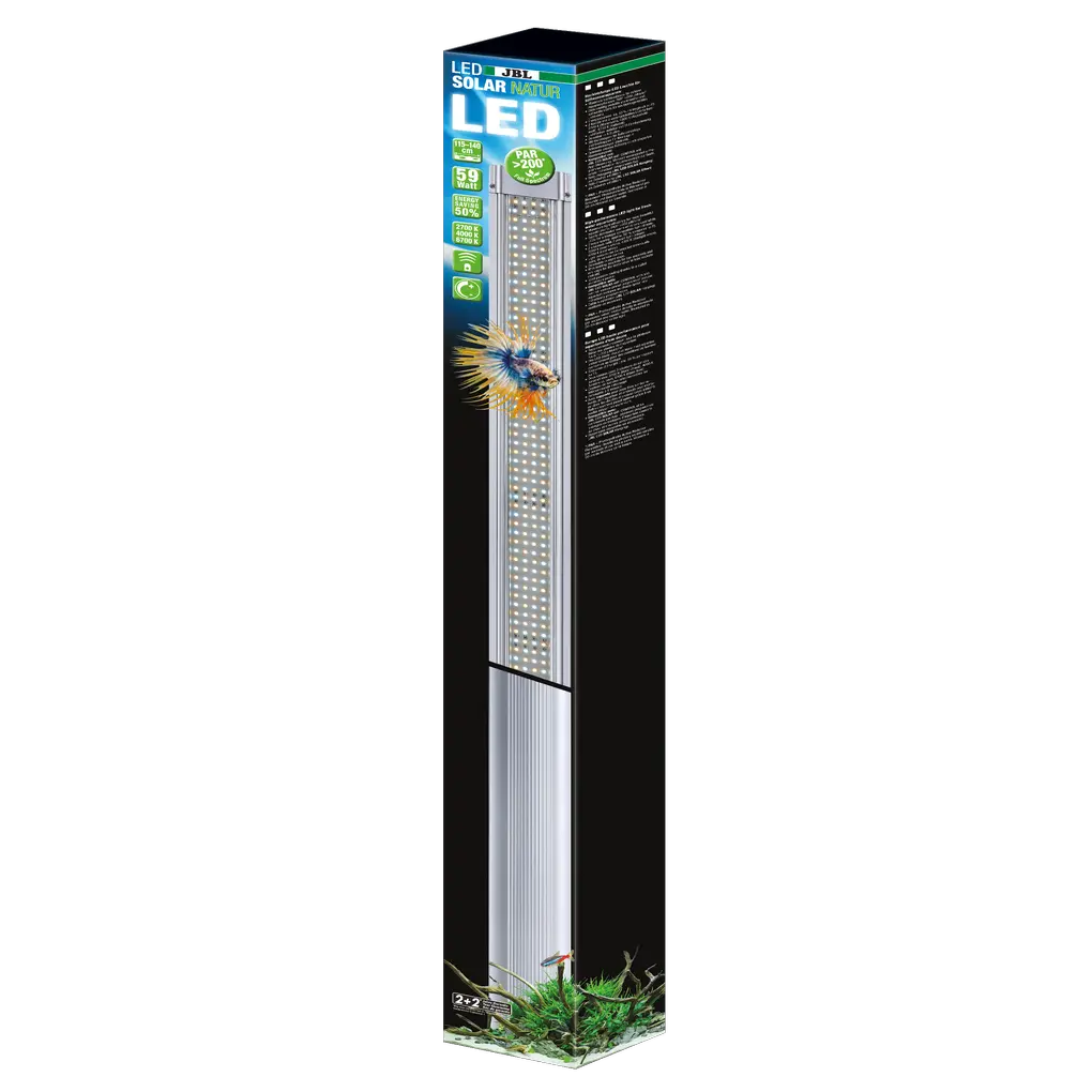 JBL LED SOLAR NATUR 59 W, 1149/1200mm – Verpackung der Aquarium-Beleuchtung mit hoher Lichtausbeute.