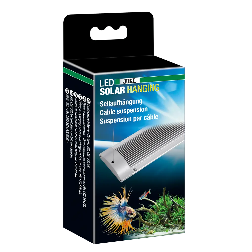 JBL LED SOLAR Hanging (Gen 2) packaging showcasing cable suspension for aquarium lighting.