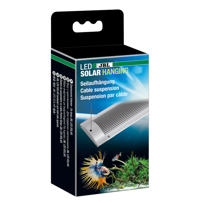 JBL LED SOLAR Hanging (Gen 2) packaging showcasing cable suspension for aquarium lighting.