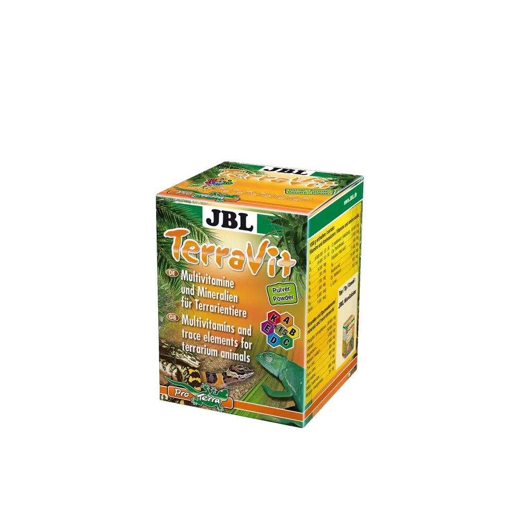 JBL TerraVit 100 g – Multivitamin supplement for reptiles and terrarium animals in a colorful box.