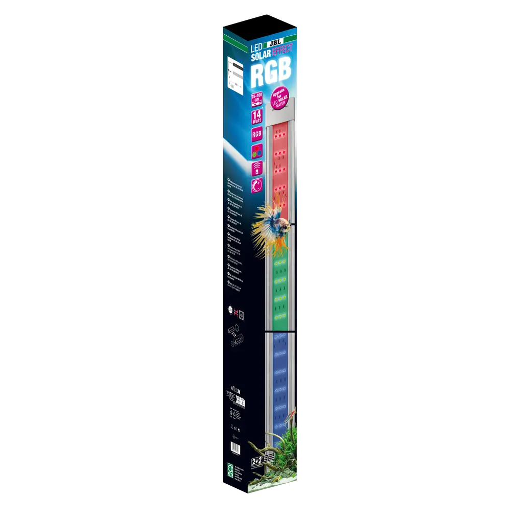 JBL LED SOLAR EFFECT 14W, 742mm (Gen 2) packaging featuring RGB LEDs for aquarium lighting.