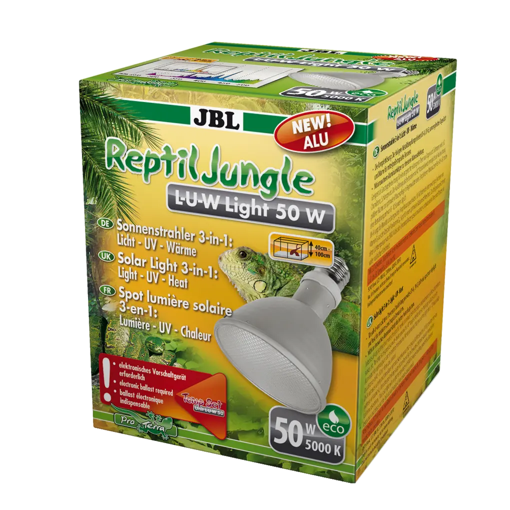 JBL ReptilJungle L-U-W Light alu 50 W packaging showcasing its features for terrariums with full spectrum light.