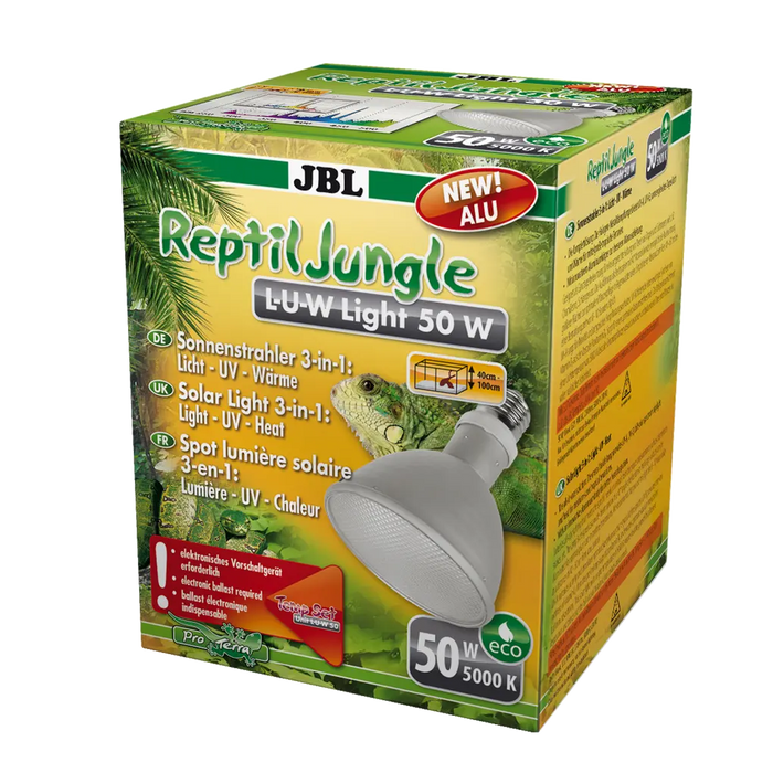 JBL ReptilJungle L-U-W Light alu 50 W packaging showcasing its features for terrariums with full spectrum light.