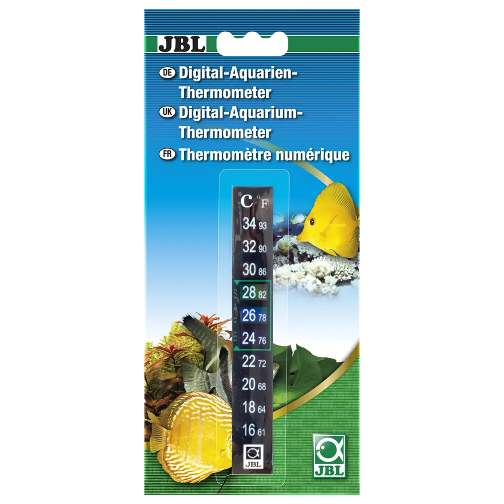 JBL Aquarium Thermometer Digital packaging with temperature scale and aquatic background.