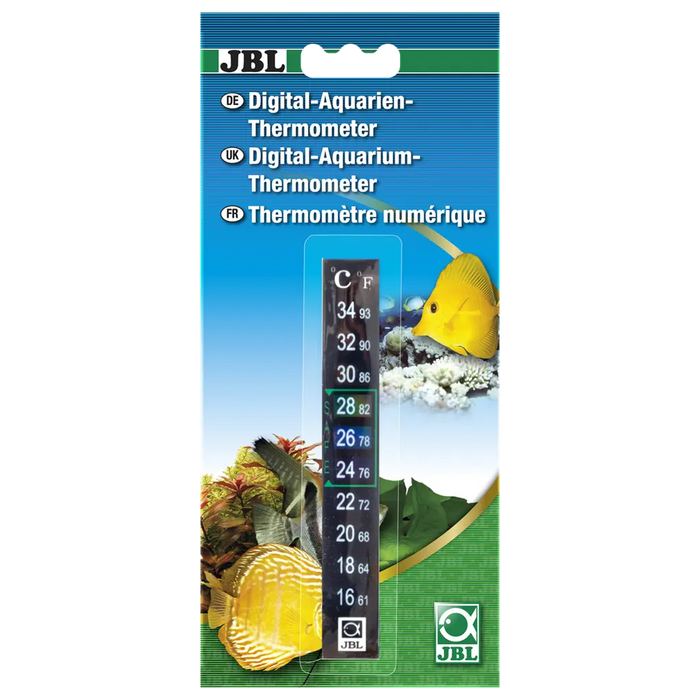 JBL Aquarium Thermometer Digital packaging with temperature scale and aquatic background.