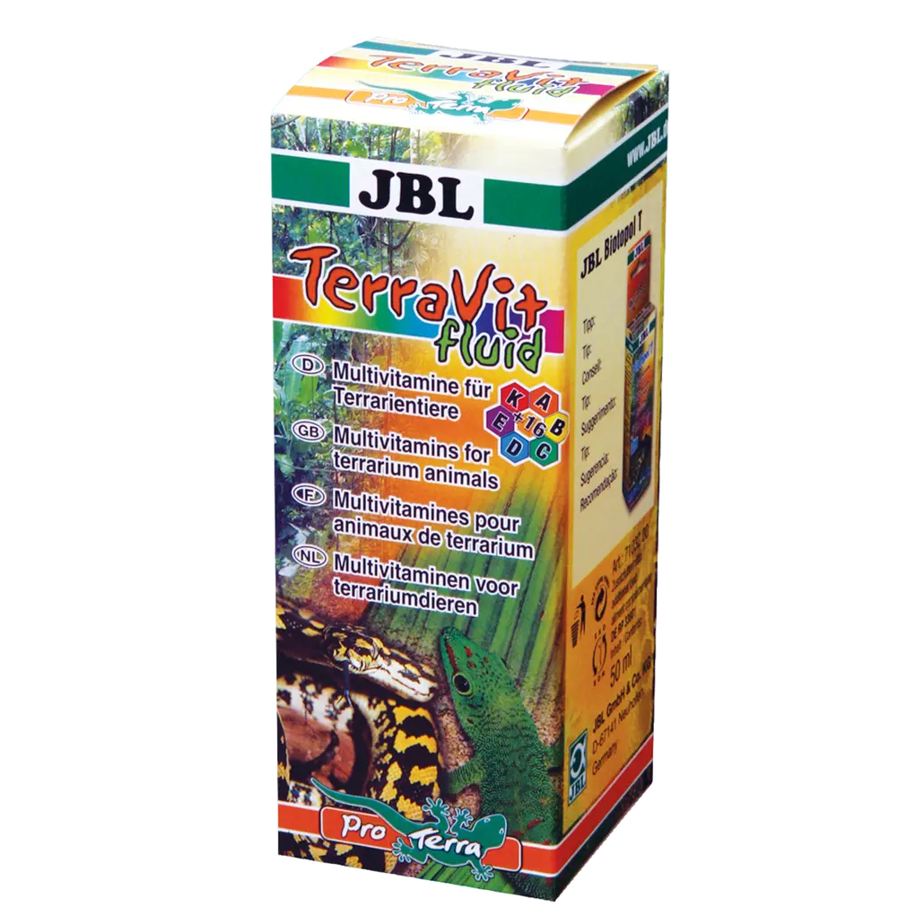 JBL TerraVit fluid 50 ml – Multivitamin supplement for terrarium animals in a colorful packaging.