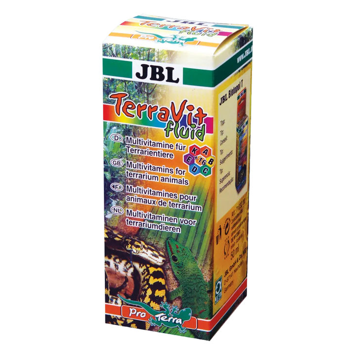 JBL TerraVit fluid 50 ml – Multivitamin supplement for terrarium animals in a colorful packaging.