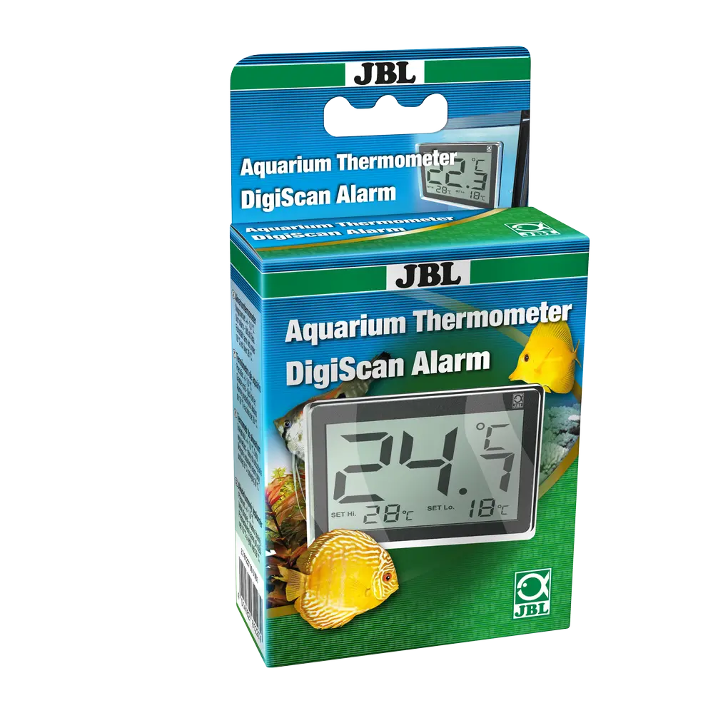JBL Aquarium Thermometer DigiScan Alarm packaging showing temperature display and design features.