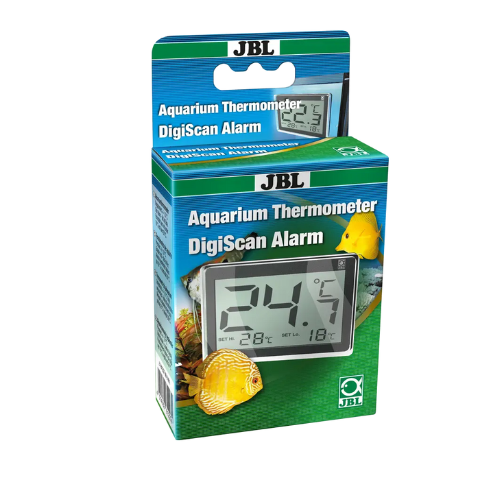 JBL Aquarium Thermometer DigiScan Alarm packaging showing temperature display and design features.
