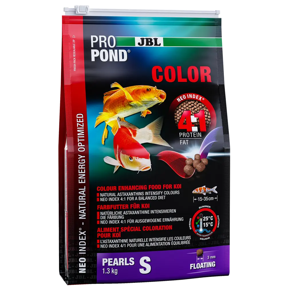 JBL PROPOND COLOR S 1,3 kg - Colour enhancing food for koi, 3 mm floating pellets, optimized for vibrant colors.