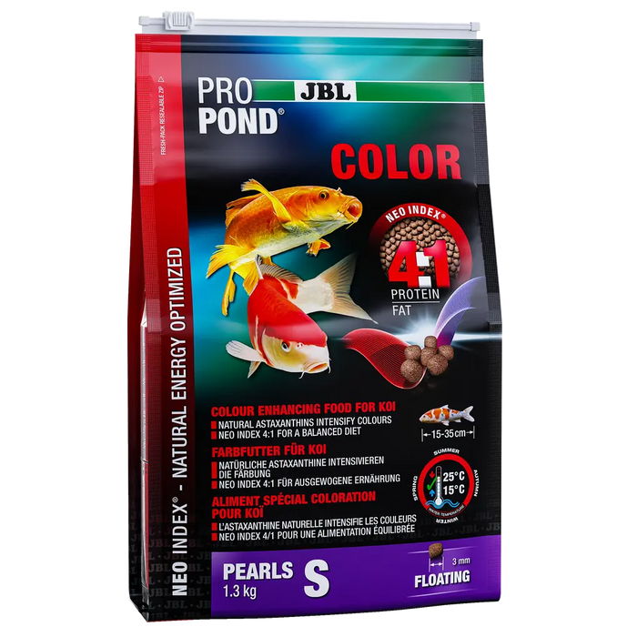 JBL PROPOND COLOR S 1,3 kg - Colour enhancing food for koi, 3 mm floating pellets, optimized for vibrant colors.