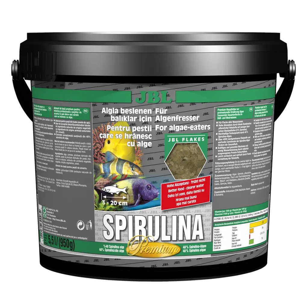 JBL Spirulina 5,5 l packaging showcasing premium fish food for algae-eating fish and shrimps with nutritional benefits.