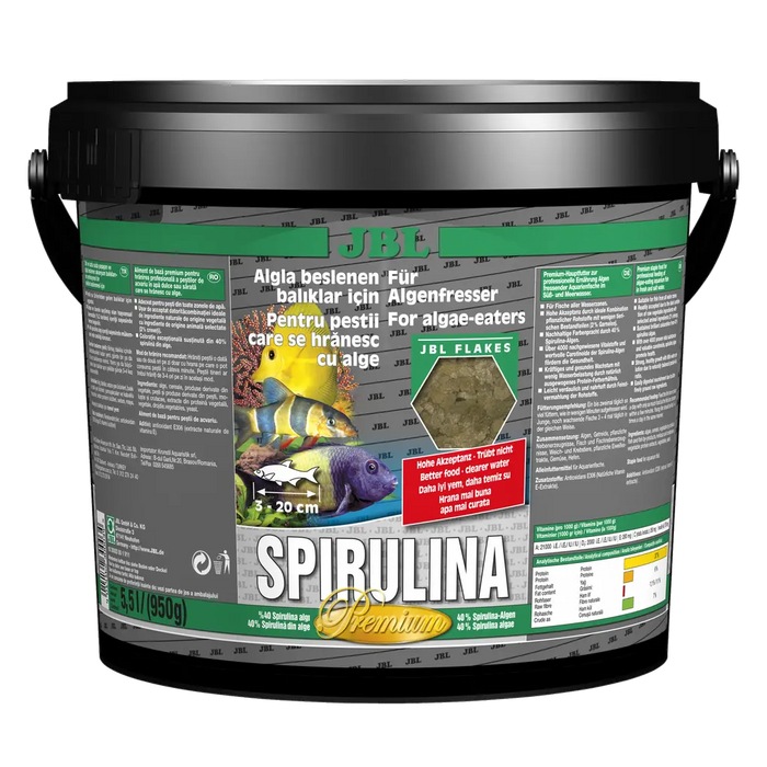 JBL Spirulina 5,5 l packaging showcasing premium fish food for algae-eating fish and shrimps with nutritional benefits.