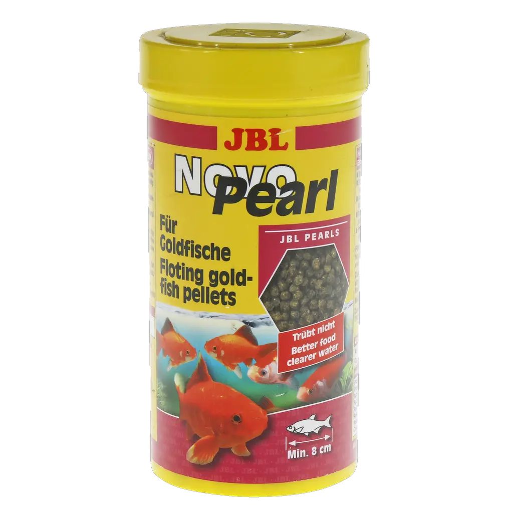 JBL NovoPearl 250 ml – Floating goldfish food pellets in yellow container with goldfish on label.