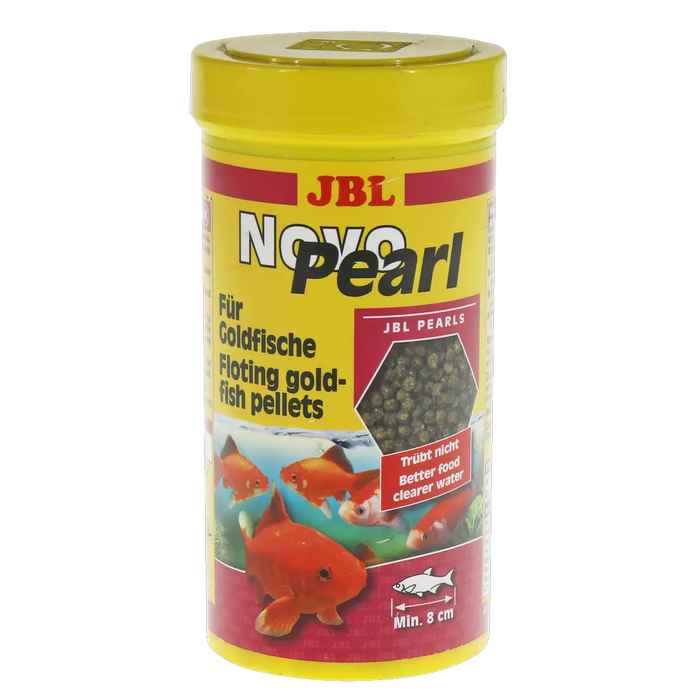 JBL NovoPearl 250 ml – Floating goldfish food pellets in yellow container with goldfish on label.