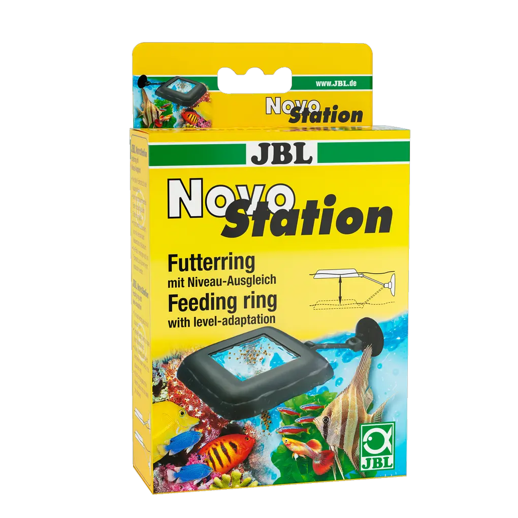 JBL NovoStation packaging for aquarium feeding ring with level adaptation featuring colorful fish design.