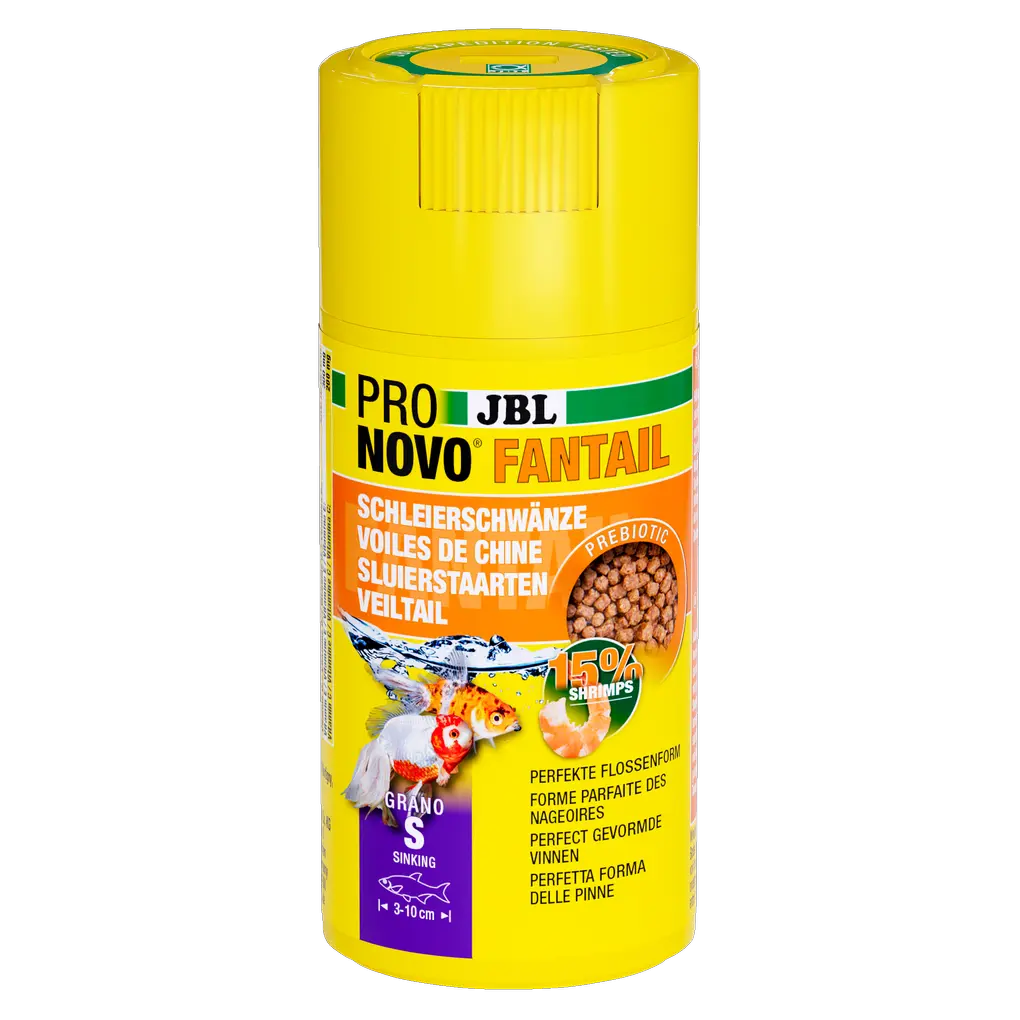 JBL PRONOVO FANTAIL GRANO S 100ml CLICK - Prebiotisches Futter für Goldfische in einer gelben Verpackung.
