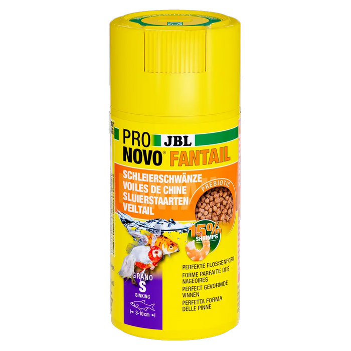 JBL PRONOVO FANTAIL GRANO S 100ml CLICK - Prebiotisches Futter für Goldfische in einer gelben Verpackung.