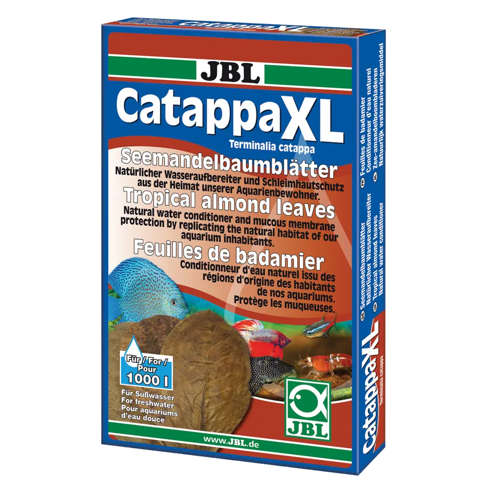 JBL Catappa XL packaging showcasing Seemandelbaumblätter for fish and invertebrate care in aquariums.