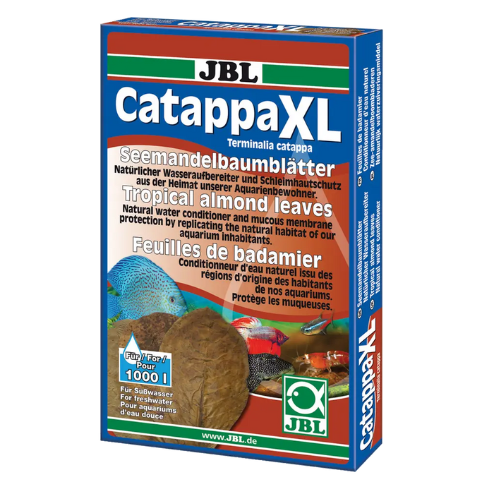 JBL Catappa XL packaging showcasing Seemandelbaumblätter for fish and invertebrate care in aquariums.