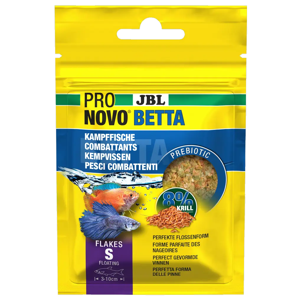JBL PRONOVO BETTA FLAKES S 20ml fish food packaging with prebiotic formula and 8% krill.