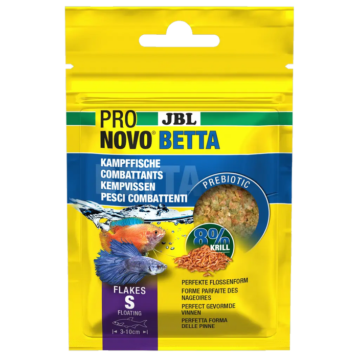 JBL PRONOVO BETTA FLAKES S 20ml fish food packaging with prebiotic formula and 8% krill.