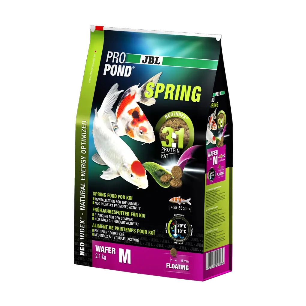 JBL PROPOND SPRING M 2,1 kg packaging featuring Koi fish and nutritional information.