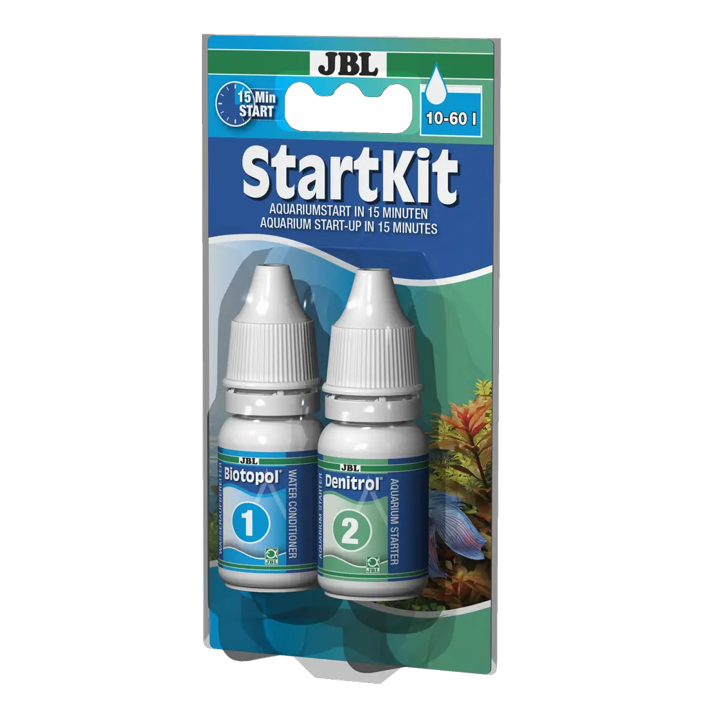 JBL StartKit containing Biotopol and Denitrol bottles for aquarium water preparation and bacterial starter.