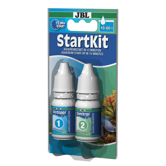 JBL StartKit containing Biotopol and Denitrol bottles for aquarium water preparation and bacterial starter.