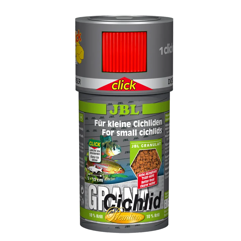 JBL GranaCichlid 100 ml CLICK Fischfutter für Buntbarsche, optimale Ernährung, halbschwimmfähig.