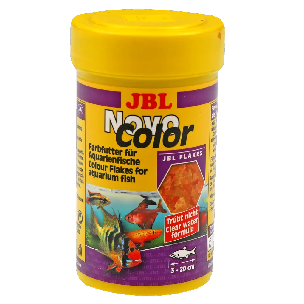 JBL NovoColor 100 ml - Futter für tropische Süßwasserfische in einer bunten Verpackung mit Flakes.