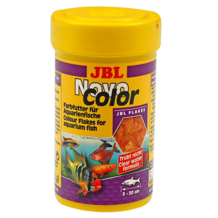 JBL NovoColor 100 ml - Futter für tropische Süßwasserfische in einer bunten Verpackung mit Flakes.