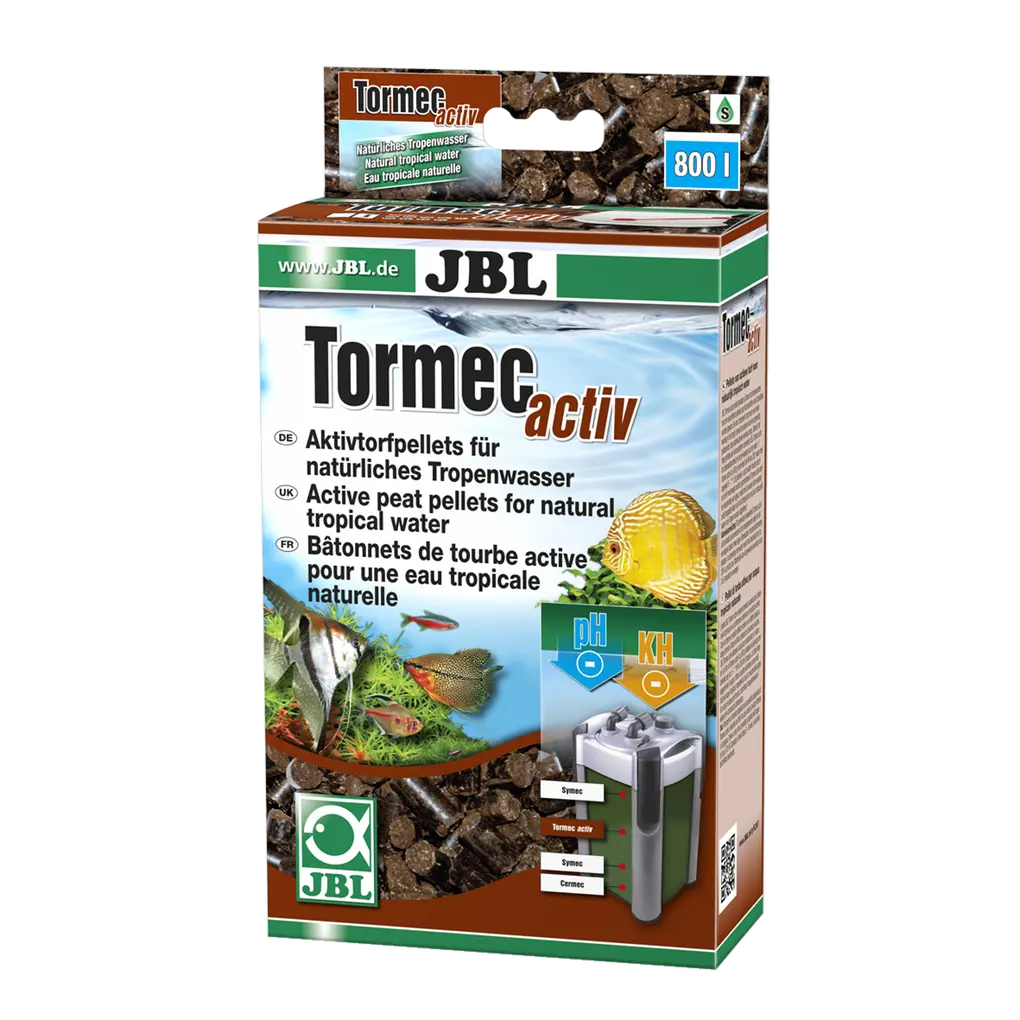 JBL Tormec activ image showing aktivtorpellets for natural tropical water in aquarium filtration.