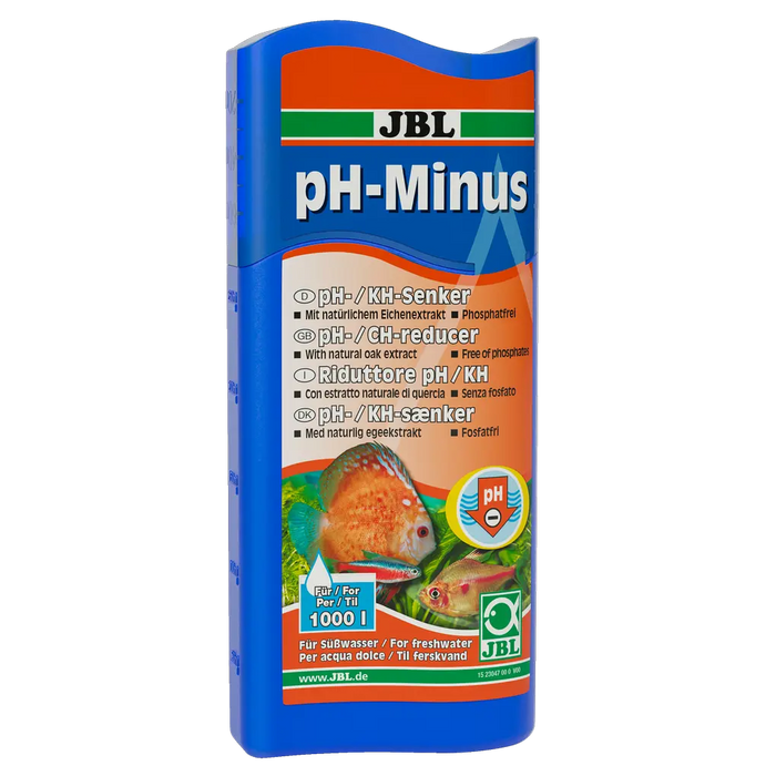 JBL pH-Minus 250 ml Flasche zur Senkung des pH-Wertes in Süßwasser-Aquarien, mit natürlichem Eichenextrakt.