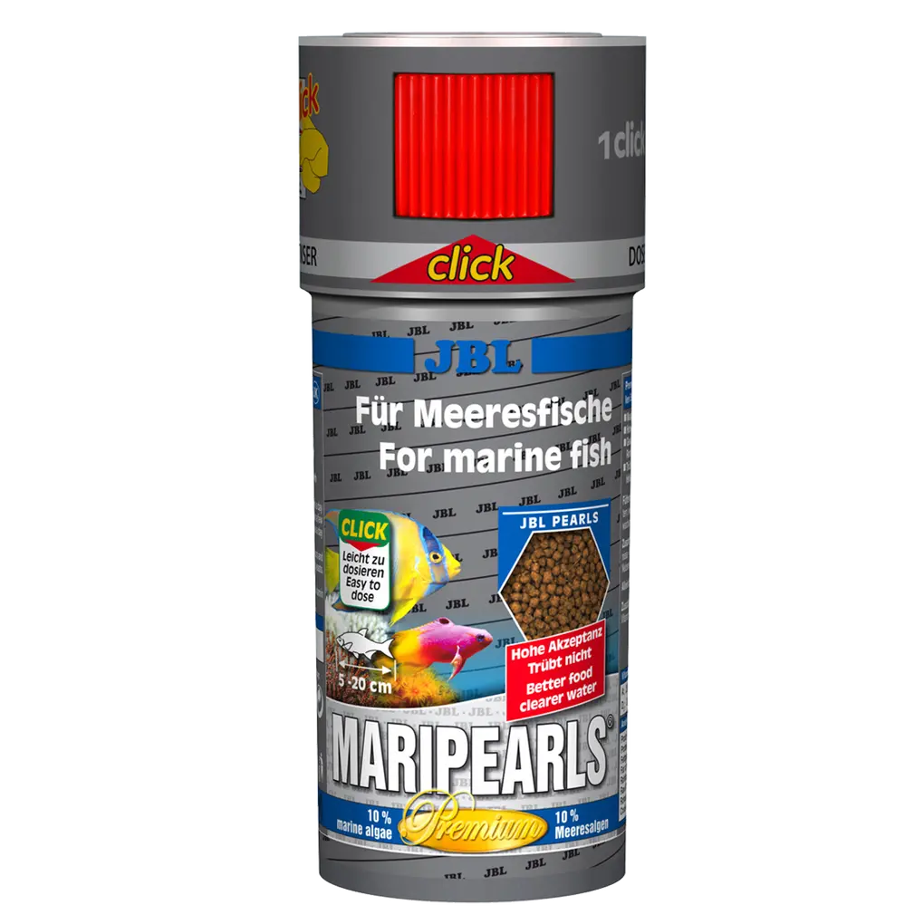 JBL MariPearls CLICK 250 ml packaging, ideal for marine fish feeding, promoting optimal growth and nutrition.
